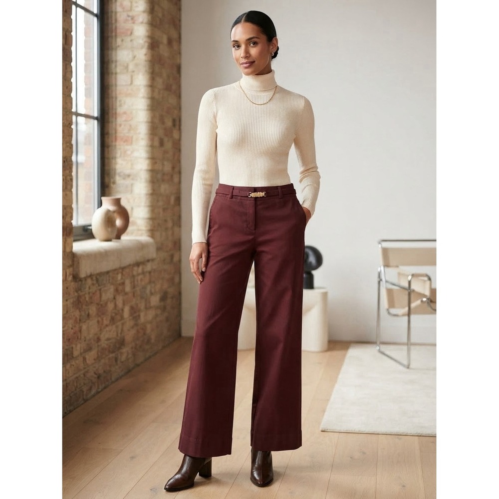 Talbots Heritage Wool Wide Leg Pants Burgundy Gold Belt Sz 6 Preppy Office Fall